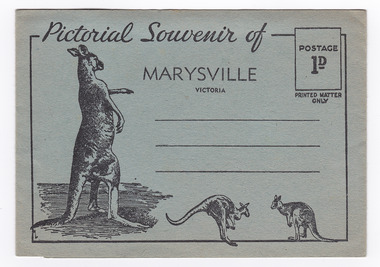 Fold out postcard which encloses 6 photographs of attractions in and around Marysville in Victoria. Front of postcard has three illustrations of kangaroos in different poses and a space to place a postage stamp. On the reverse of the postcard is space to write a message and address. The card is unused.