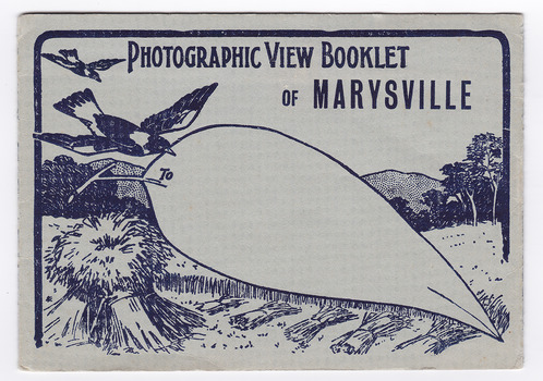Fold out postcard which encloses nine black and white images of scenic attractions in and around Marysville in Victoria. The front of the postcard shows an illustration of two magpies flying over a field of hay. One of the magpies is carrying a gum leaf in it's beak. In the distance is a forest and some mountains. The large gum leaf is the space to write an address. On the reverse of the postcard is space to write a message. The postcard is unused.