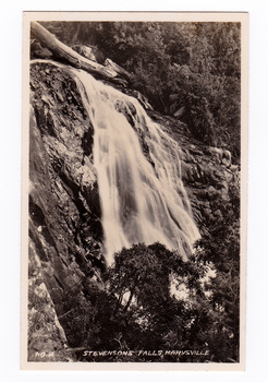 Shows Steavenson Falls in Marysville, Victoria. Shows the bottom cascade of the waterfall. At the top of the cascade a fallen tree lies across the falls. The waterfall is surrounded by forest. The title of the photograph is handwritten in white ink along the lower edge.