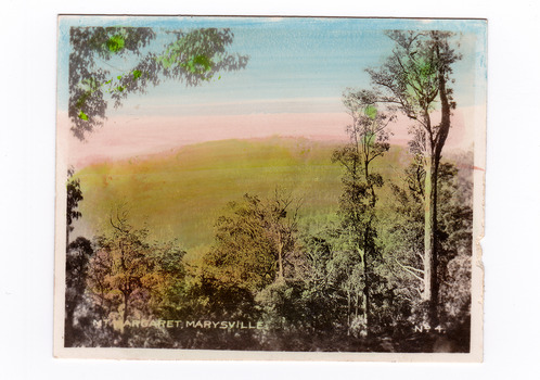 Shows Mount Margaret from Marysville in Victoria. Mount Margaret is a heavily forested mountain. In the foreground are large trees. The title of the photograph is handwritten in white ink along the lower edge.