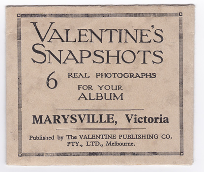 An envelope with 6 black and white photographs of scenic attractions taken in and around Marysville in Victoria. Photographs are gloss finish with the title of the photograph printed along the lower edge of the photographs.