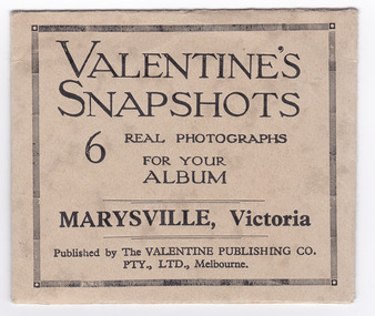 An envelope with 6 black and white photographs of scenic attractions taken in and around Marysville in Victoria. Photographs are gloss finish with the title of the photograph printed along the lower edge of the photographs.