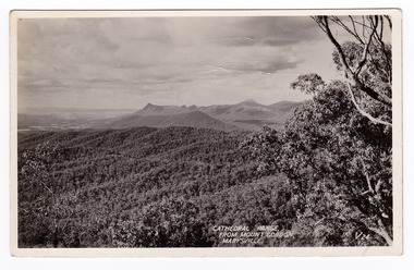 Shows the Cathedral Range taken from Mount Gordon near Marysville in Victoria. Shows a series of heavily forested mountains leading to the Cathedral Range. In the foreground are some large trees. The title of the photograph is handwritten in white ink on the lower edge. On the reverse of the postcard is a space to write a message and an address and to place a postage stamp. The postcard is unused.
