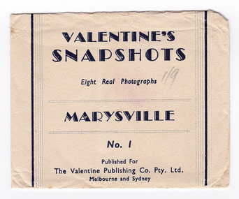Small, buff coloured, envelope with 8 gloss finish photographs of natural attractions in Marysville and surrounding area. The photos have  handwritten style titles. 