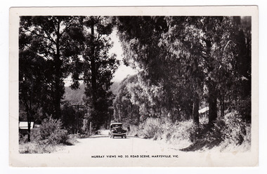 Shows a road in Marysville in Victoria. Shows an early model car travelling along an unsealed road. There can be seen a man walking along the road behind the car. On the left hand side of the photograph a building can be seen. On the right hand side of the road there is a glimpse of a building amongst the forest. The title of the postcard is shown along the lower edge of the postcard. On the reverse of the postcard is a handwritten message.