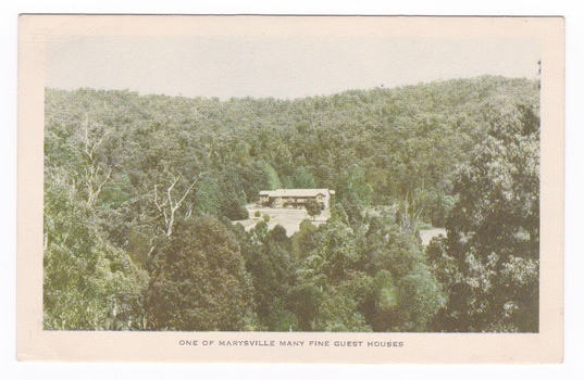 Shows Marylands, one of the many guest houses that were in Marysville in Victoria. Shows the large, two storied guest house surrounded by the forest. The title of the postcard is shown along the lower edge of the postcard. On the reverse of the postcard is a space to write a message and an address and to place a postage stamp. The postcard is unused.