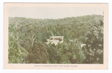 Shows Marylands, one of the many guest houses that were in Marysville in Victoria. Shows the large, two storied guest house surrounded by the forest. The title of the postcard is shown along the lower edge of the postcard. On the reverse of the postcard is a space to write a message and an address and to place a postage stamp. The postcard is unused.