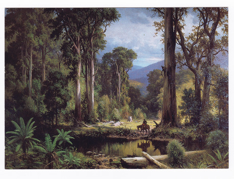 Shows a painting of a ford on the Acheron River that was painted in 1881 by H.J. Johnstone. Shows a man riding a horse next to a pool of water. The water is surrounded by a forest of trees and tree ferns. In the background can be seen a series of mountains. On the reverse of the postcard is a space to write a message and an address and to place a postage stamp. The postcard is unused.