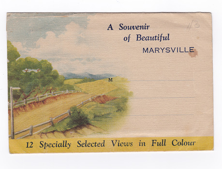 An envelope of 12 colour photographs of attractions in and around Marysville in Victoria. On the front of the envelope is a space to write an address. The envelope is unused.