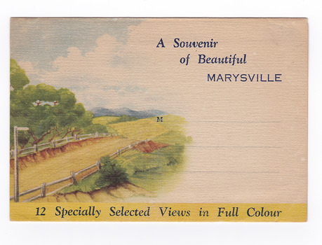 An envelope of 12 colour photographs of attractions in and around Marysville in Victoria. On the front of the envelope is space to write an address. The envelope is unused.