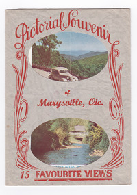 A grey fold out postcard with the title and decoration in red on the front cover. The postcard contains a number of colourised and black and white photographs of Marysville scenes and landscapes including Steavenson Falls, the main street of Marysville, The Crossways Hotel, the Fruit Salad Farm and Nicoll's Lookout. Photographs are printed on both sides of the foldout.