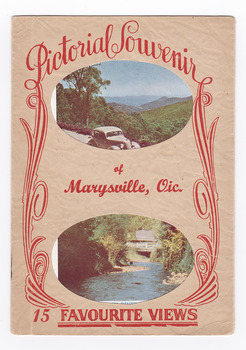 A beige fold out postcard with the title and decoration in red on the front cover. The postcard contains a number of colourised and black and white photographs of Marysville scenes and landscapes including Steavenson Falls, the main street of Marysville, The Crossways Hotel, the Fruit Salad Farm and Nicoll's Lookout. Photographs are printed on both sides of the foldout.