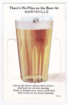 Shows an illustration of a glass of beer with a fly sitting on its rim. The title of the postcard is across the top edge with a verse written at the base of the glass. There is a lift-up flap in the middle with a pull-out strip of 9 miniature photographs of places of interest in and around Marysville. On the reverse of the postcard is a space to write a message and an address and to place a postage stamp. The postcard is unused.