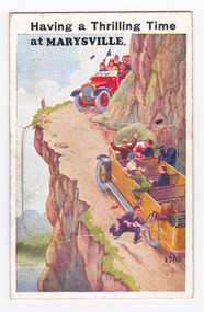 Shows an illustration of a narrow road going around a cliff face. On the road there is a bus and a car traveling towards each other with no room to pass each other. Both vehicles have passengers that look to be concerned. The title of the postcard is across the top edge. There is a lift-up flap in the middle with a pull-out strip of 11 miniature photographs of places of interest in and around Marysville. On the reverse of the postcard is a space to write a message and an address. There is also a space to place a postage stamp. The postcard is unused.
