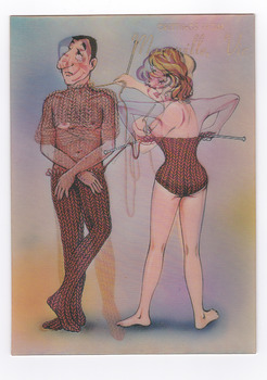 Shows an image of a man and a woman. The woman has knitted an outfit for both the man and herself and when you move the postcard it reveals the torso of the man and the breasts of the woman. On the reverse of the postcard is a space to write a message. The postcard is unused.