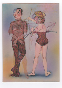 A colour vintage Lenticular (3D) postcard produced by Wonder Co in Tokyo, Japan. The postcard was printed using a Lenticular process which produces images with an illusion of depth, or the ability to change or move as the image is viewed from different angles. The postcard shows an image of a man and a woman. The woman has knitted an outfit for both the man and herself and when you move the postcard it reveals the torso of the man and the breasts of the woman. On the reverse of the postcard is a space to write a message. The postcard is unused.