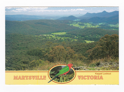 Shows the view of Marysville and the surrounding mountains in Victoria from Keppel Lookout. The title of the postcard is along the lower edge of the postcard and in middle of the title is a small photograph of a King Parrot sitting on some gum leaves. On the reverse of the postcard is a space to write a message and an address and a space to place a postage stamp. The postcard is unused.