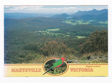Shows the view of Marysville and the surrounding mountains in Victoria from Keppel Lookout. The title of the postcard is along the lower edge of the postcard and in middle of the title is a small photograph of a King Parrot sitting on some gum leaves. On the reverse of the postcard is a hand-written message.There is also a 45c Australian stamp with a photograph of Nancy Millis, a Medical Scientist.