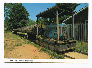 A colour photograph of a log train that was used at a sawmill in Marysville, Victoria. On the reverse of the postcard is a space to write a message and an address and to place a postage stamp. The postcard is unused.