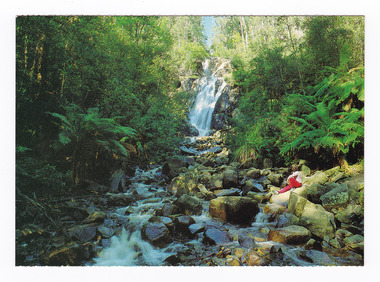 Shows Steavenson Falls in Marysville in Victoria. Shows the falls cascading down the mountain in to the river which is flowing over rocks. Sitting on the bank of the river is a lady looking at the falls. On the reverse of the postcard is a space to write a message and an address and to place a postage stamp. The postcard is unused.