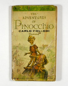 Paperback. Front cover has an illustration of Geppetto with Pinocchio sitting on his shoulder. In the background of the illustration are characters and places from the story. The back cover has a blurb about the author and the book.