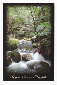 Shows the Taggerty River at Marysville in Victoria. Shows the river flowing over rocks through a forest of trees and tree ferns. On the reverse of the postcard is a hand-written message. There is also a 50 cent postage stamp with a portrait of opera singer Dame Joan Sutherland OM, AC.