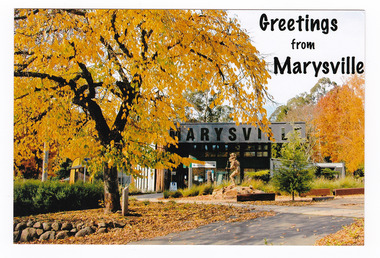 A colour photograph taken of the Marysville Visitor Information Centre during Autumn. On the reverse of the postcard is a space to write a message and an address and to place a postage stamp. The postcard is unused.