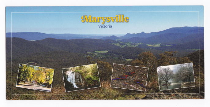 Shows the view from Keppel Lookout of Marysville and the Cathedral Range along with photographs of the main street in Marysville, Steavenson Falls, birdlife and snow in Marysville. On the reverse of the postcard is a space to write a message and an address and to place a postage stamp.