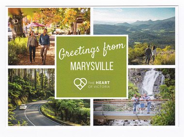 A postcard with four colour photographs of local attractions in an around Marysville in Victoria. On the reverse of the postcard is a space to write a message and an address and to place a postage stamp. The postcard is unused.