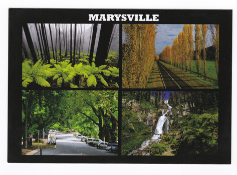 Shows four colour photograph of attractions in an around Marysville in Victoria. On the reverse of the postcard is a space to write a message and an address and to place a postage stamp. The postcard is unused.