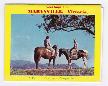 A pull-out postcard with colour photographs of attractions in and around Marysville in Victoria. On the reverse of the postcard is a space to write an address. The postcard is unused.