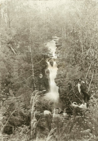Shows two men in the forest alongside the top level of Steavenson Falls in Marysville in Victoria. Shows the falls cascading down the mountain. The falls are surrounded by forest.