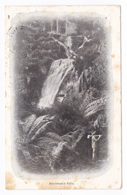 Shows Steavenson Falls in Marysville in Victoria. Shows a man standing in the lower left corner of the photograph holding an axe on his shoulder. On the front of the postcard there is the partial image of a date stamp. On the reverse of the postcard is a handwritten message. There is also an orange postage stamp with a date stamp in black ink. 