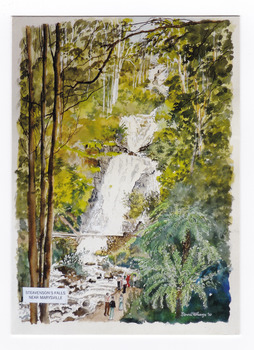Shows a watercolour painting of Steavenson Falls in Marysville in Victoria. The painting shows people walking along the track to the falls. The reverse of the card is blank to allow for a message and an address to be written.