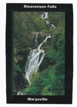Shows Steavenson Falls in Marysville in Victoria. Shows the falls cascading down the mountain surrounded by forest. On the reverse of the postcard is a handwritten message and a postage stamp covered with a date stamp.