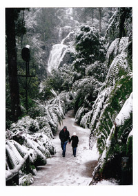 Shows the walking track leading to Steavenson Falls in Marysville in Victoria after a snowfall. Shows two people walking along the track away from the falls. In the background the falls can be seen and in the foreground can be seen one of the floodlights that lights up the falls every evening.