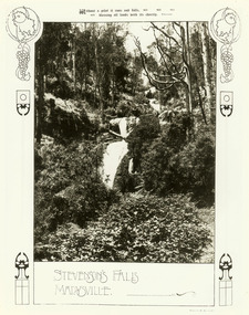 Shows Steavenson Falls in Marysville in Victoria. Shows the falls cascading down the mountain surrounded by the forest. The photograph is set into a frame which has religious symbols printed onto the frame which surrounds the the photograph. The title of the photograph is along the lower edge of the frame along with the photographer's name.