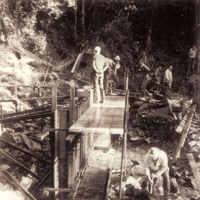 Shows a group of men constructing the form work for the dam at the base of Steavenson Falls.