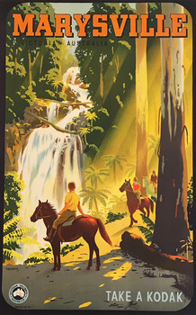 Shows an advertising poster for Steavenson Falls in Marysville in Victoria. Shows three people on horseback riding along the track through the forest  which leads to Steavenson Falls. 