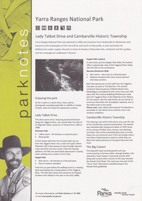 A flyer produced by Parks Victoria of information on Lady Talbot Drive and Cambarville Historic Township