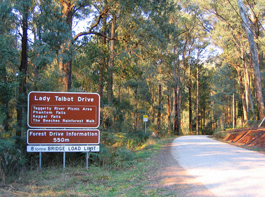 Shows the brown tourist sign on Lady Talbot Drive in Marysville in Victoria. Sign shows all the tourist sites that are located along the Lady Talbot Drive.