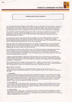 An information flyer that was produced as a guide to the Cumberland Scenic Reserve by the Forests Commission of Victoria. On the reverse of the flyer is a map of the Cumberland Scenic Reserve.