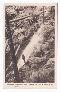 Shows the Cumberland Falls which are in Cambarville. Shows the falls cascading down the mounain side. In the foreground is a tree and in the background a fallen log can be seen lying across the falls. On the reverse of the postcard is a space to write a message and and address and to place a postage stamp. The postcard is unused.