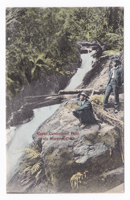 Shows two men, one sitting and one standing, at the edge of the waterfall which is cascading down the mountain. There are a few fallen logs lying across the falls and the falls are surrounded by forest. On the reverse of the postcard is a space to write a message and an address and to place a postage stamp. The postcard is unused.