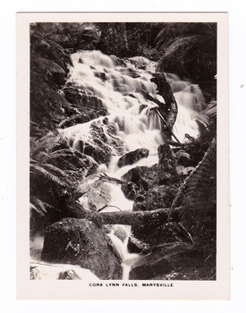 Shows the Cora Lynn Falls near Marysville in Victoria. Shows the falls cascading down the mountain surrounded by several boulders. There is a fallen log across the falls. The title of the photograph is along the lower edge of the photograph.