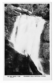 Shows Steavenson Falls in Marysville in Victoria. Shows the falls cascading down the mountain over some large boulders. The falls are surrounded by forest. On the reverse of the postcard is a space to write a message and an address and to place a postage stamp. The postcard is unused.