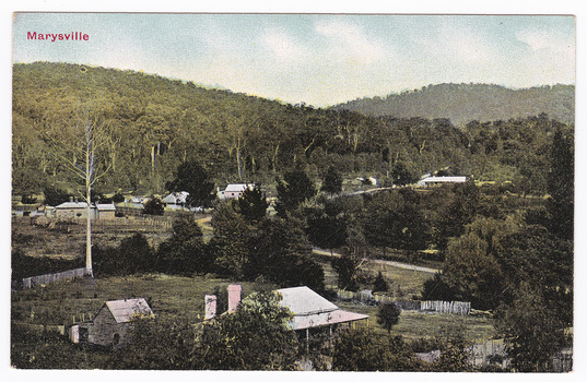 Shows the early Marysville township in Victoria. It shows various wooden buildings some of which are surrounded by wooden fences. In the background are forested mountains. The sky is tinted blue at the top and pink towards the hills. On the reverse of the postcard is space to write a message and an address and to place a stamp. The postcard is unused.