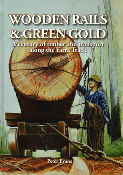 Shows Mick Taylor making last-minute adjustments to the rigging of a large log about to commence its journey down the incline to the Marysville Timber and Seasoning Company No.1 mill. Back cover has a photograph of a rail tractor towing a timber trolley along a timber tramway.