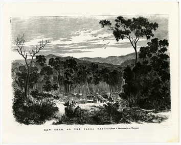 Shows the deserted township of New Chum, near Healesville, on the Yarra Track in Victoria. The buildings are all wooden in various states of disrepair. The town is in a clearing surrounded by forest and mountains. The title of the lithograph is along the lower edge of the image.