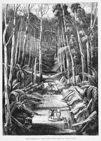 Shows the construction of the road over the Black Spur in Victoria. Shows road workers on the road, one with two horses. Shows logs along the side of the road and on the right of the road are a couple of tents.